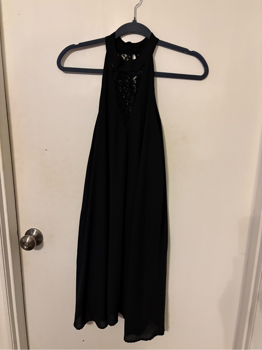Black silky halter dress with lace and back buttons